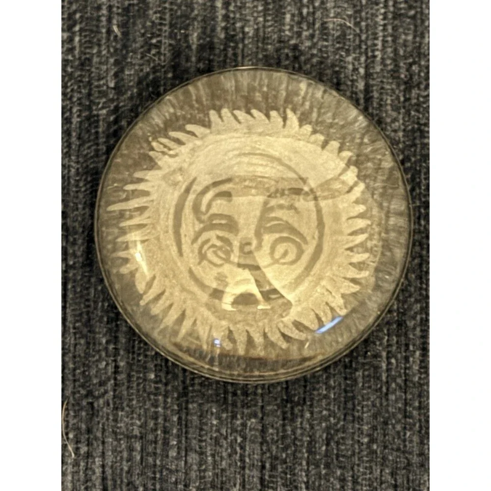 Vintage Glass Dome Paperweight Celestial Sun Face Etched 4